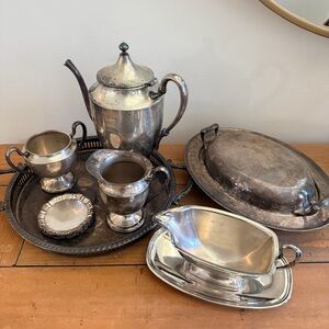 Vintage Silverplate Tea coffee Serving Set Mixed Brands w Tray Coasters
